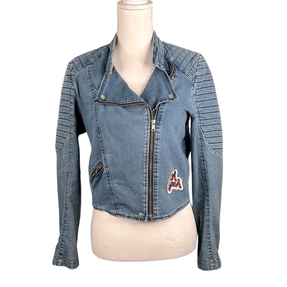 H&M Denim 90s Y2K Oh Yeah Patch Cropped Jean Jacket Size Small - Picture 1 of 6